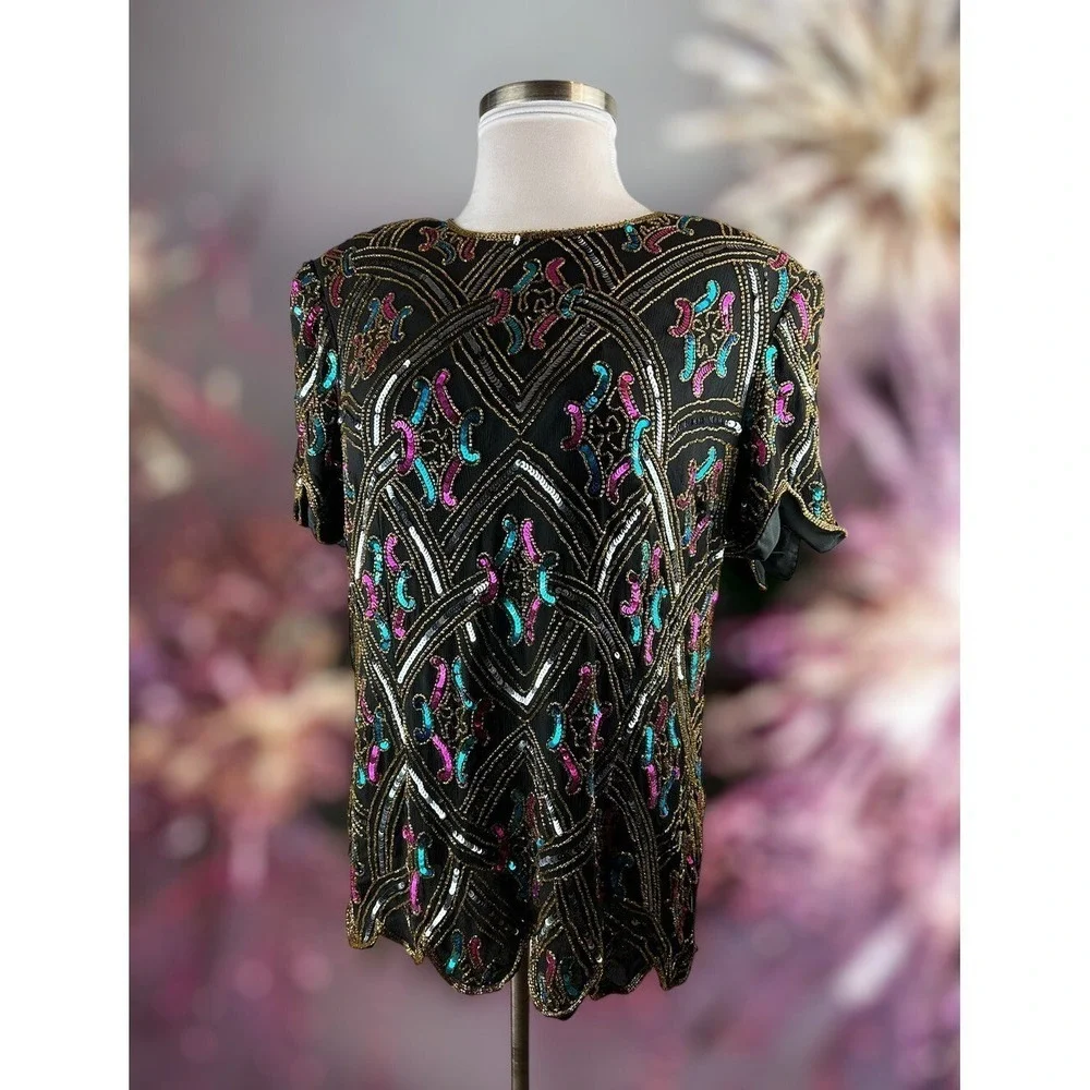 Vintage Papell Boutique Silk Sequin Beaded Embellished Top Black Plus Size 2X - Picture 2 of 12